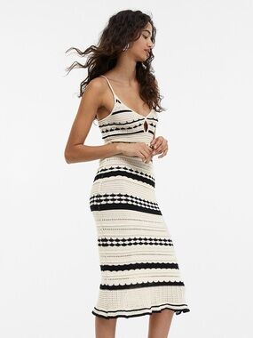 Cream and Black Striped Crochet Knit Maxi Dress - NWT
